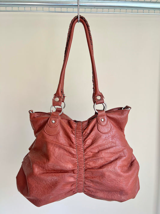 Brown Slouchy Shoulder Bag with Braided Handle Detail