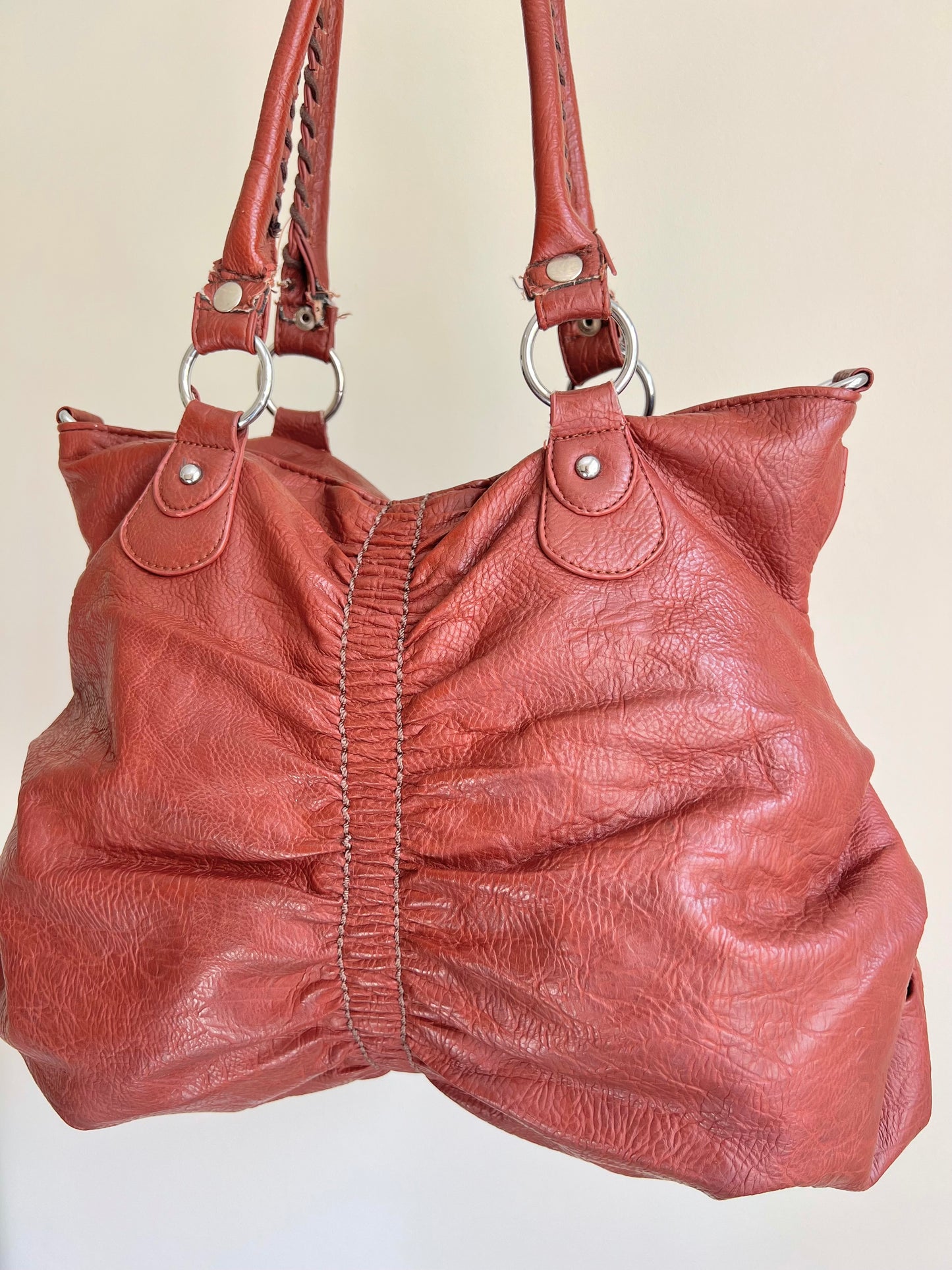 Brown Slouchy Shoulder Bag with Braided Handle Detail