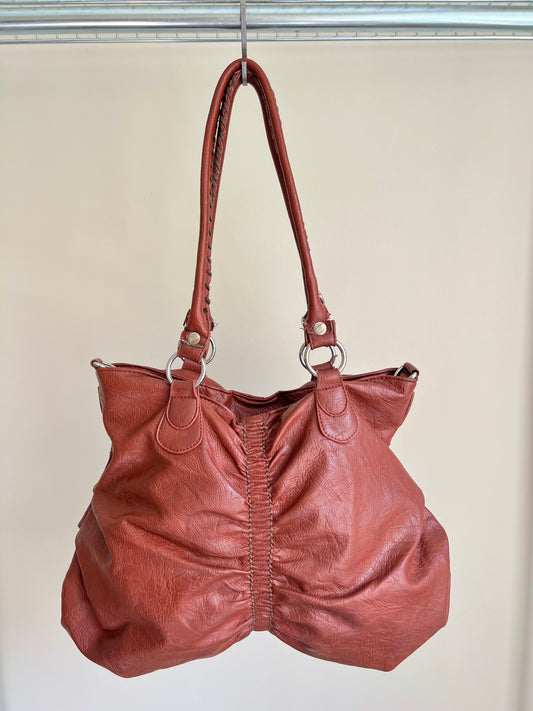 Brown Slouchy Shoulder Bag with Braided Handle Detail