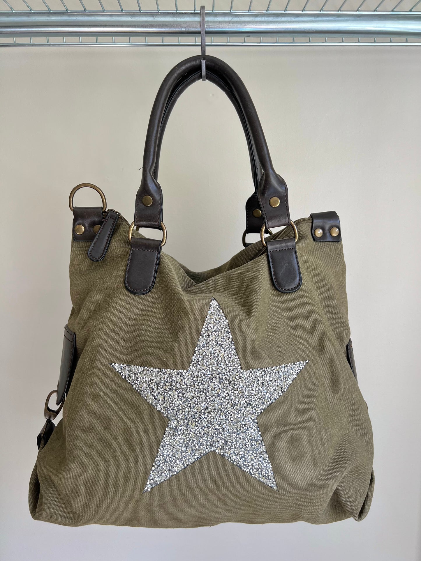 Khaki Canvas Star Hobo Bag