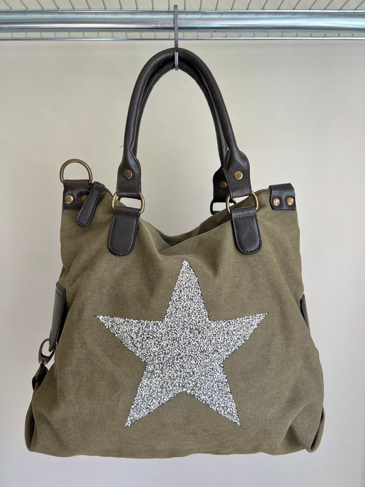 Khaki Canvas Star Hobo Bag