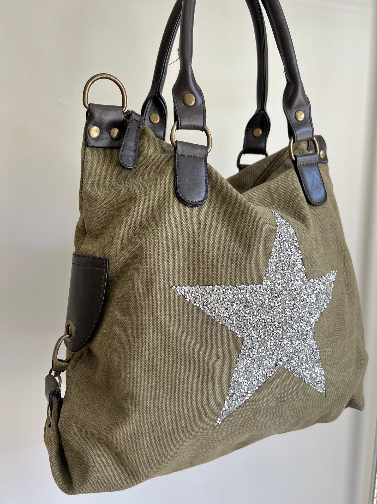 Khaki Canvas Star Hobo Bag