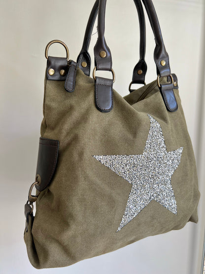 Khaki Canvas Star Hobo Bag