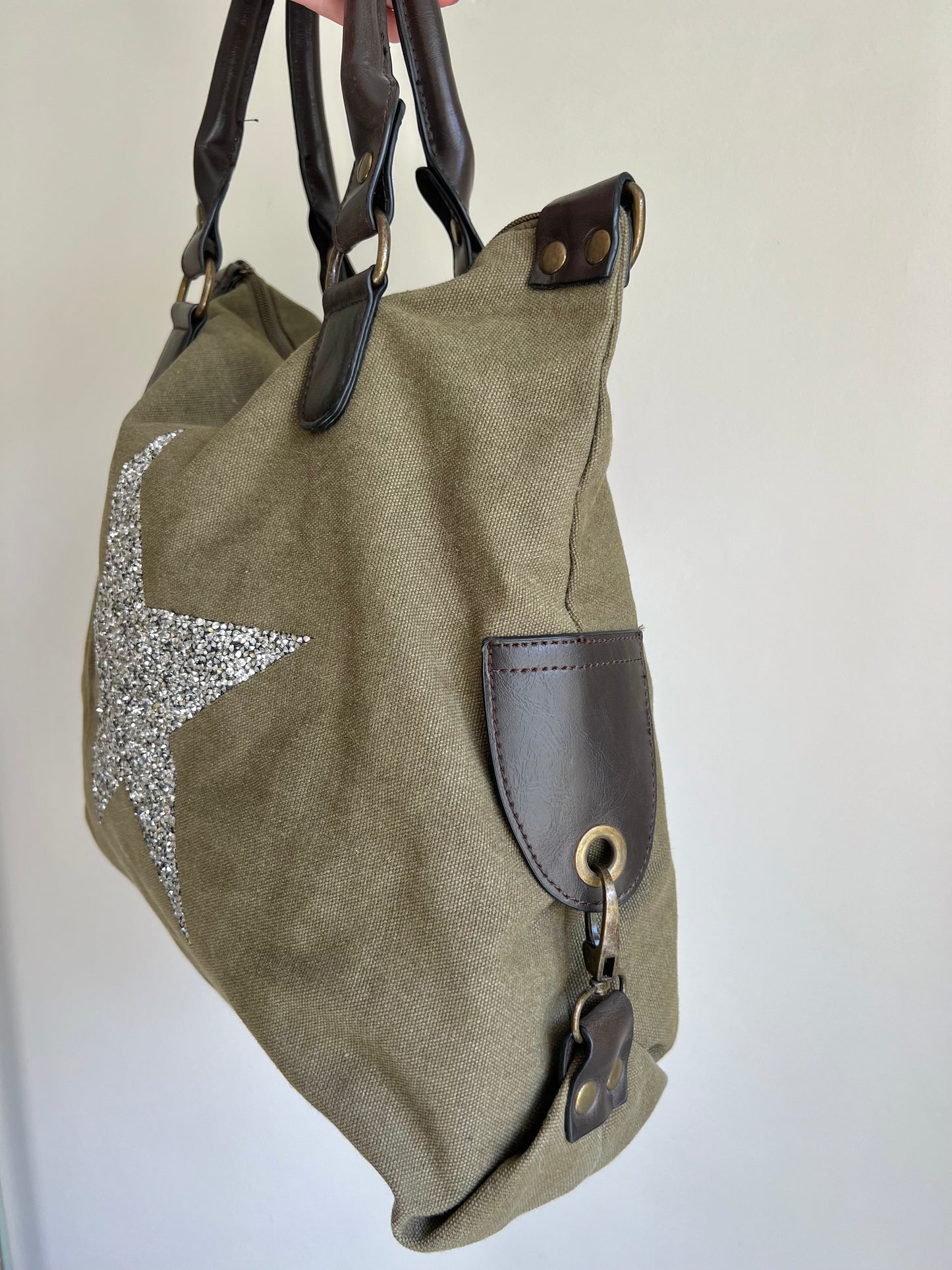 Khaki Canvas Star Hobo Bag