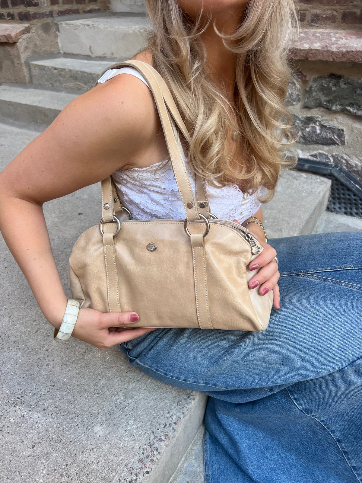Beige Shoulder Bag with Silver Details