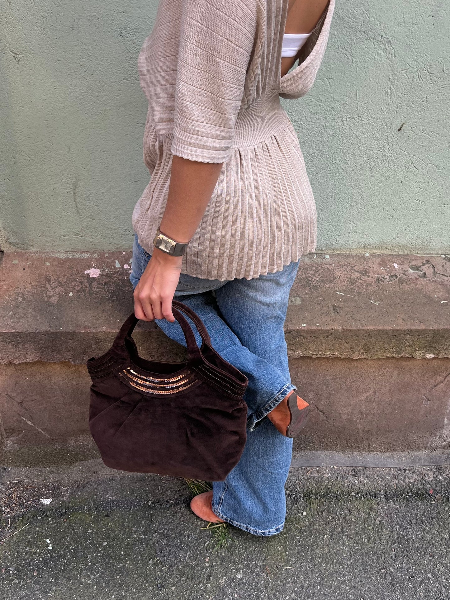Brown Velvet Sequin Handbag