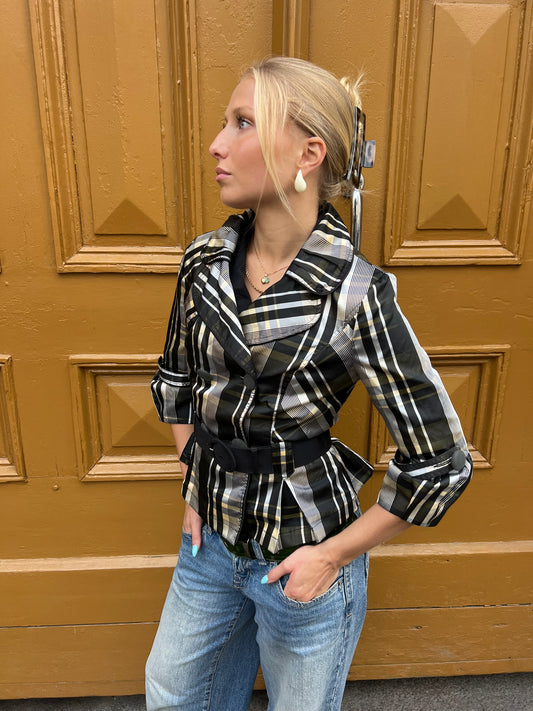 Plaid Belted Jacket with 3/4 Sleeves