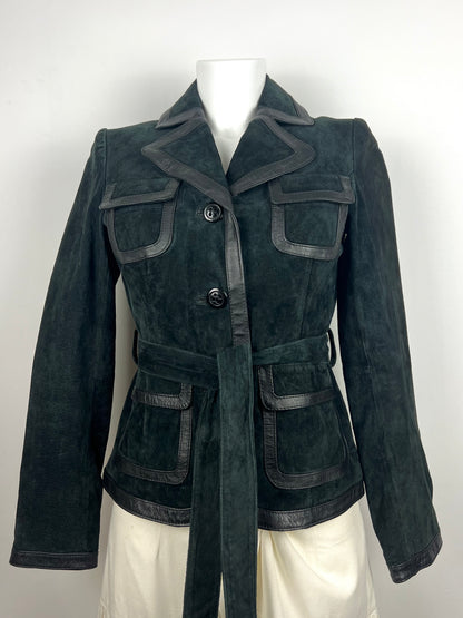 Black Genuine Suede Leather Belted Jacket