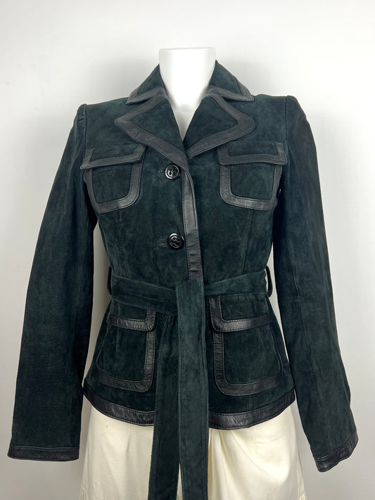 Black Genuine Suede Leather Belted Jacket