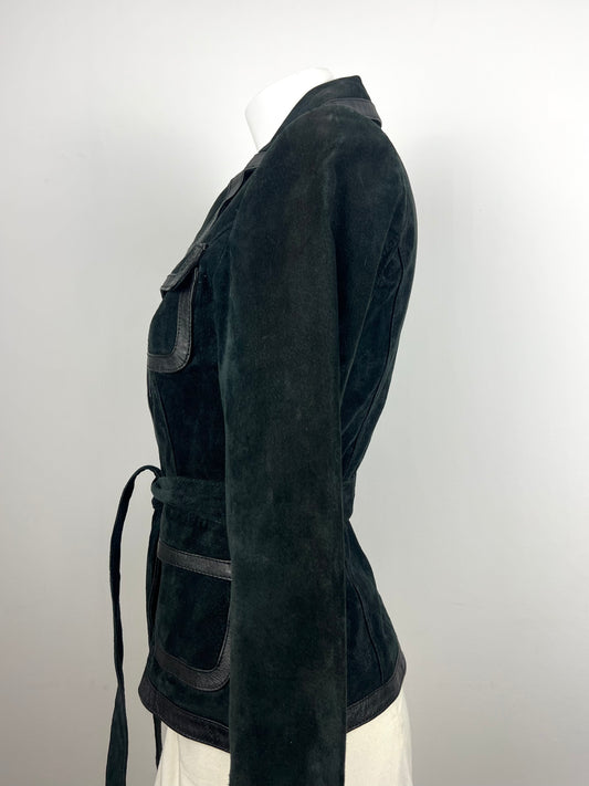 Black Genuine Suede Leather Belted Jacket