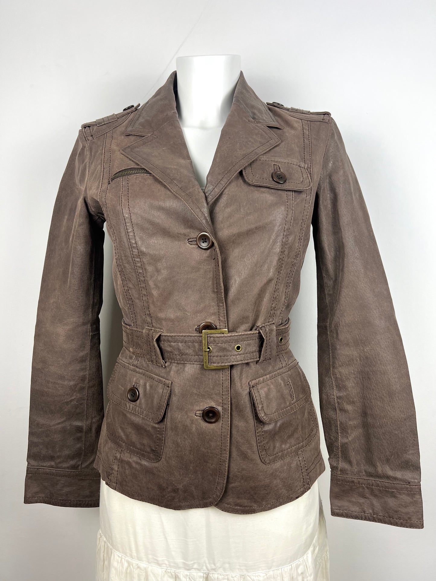Taupe Genuine Leather Belted Safari Jacket