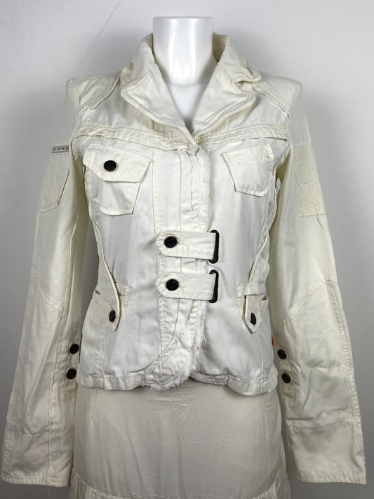 White Cotton Utility Jacket with Buckle Details