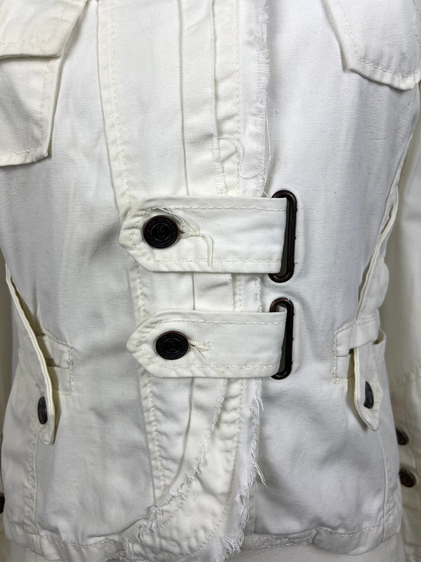 White Cotton Utility Jacket with Buckle Details