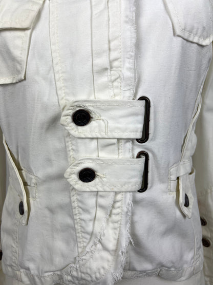 White Cotton Utility Jacket with Buckle Details