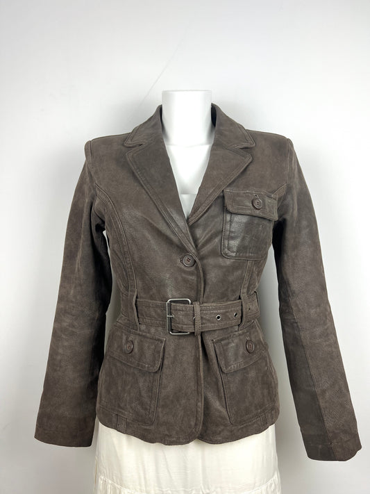 Brown Leather Belted Blazer Jacket