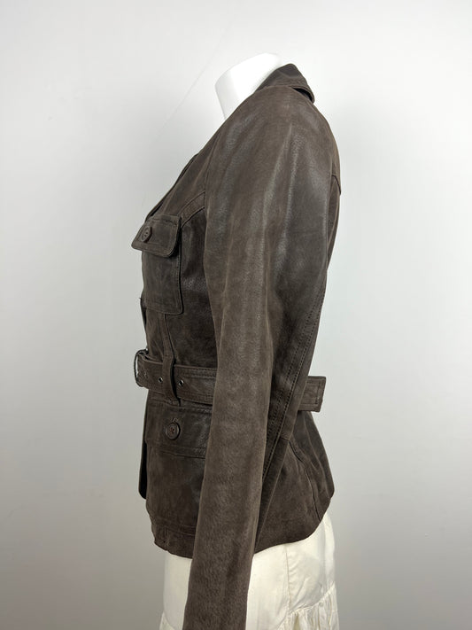 Brown Leather Belted Blazer Jacket
