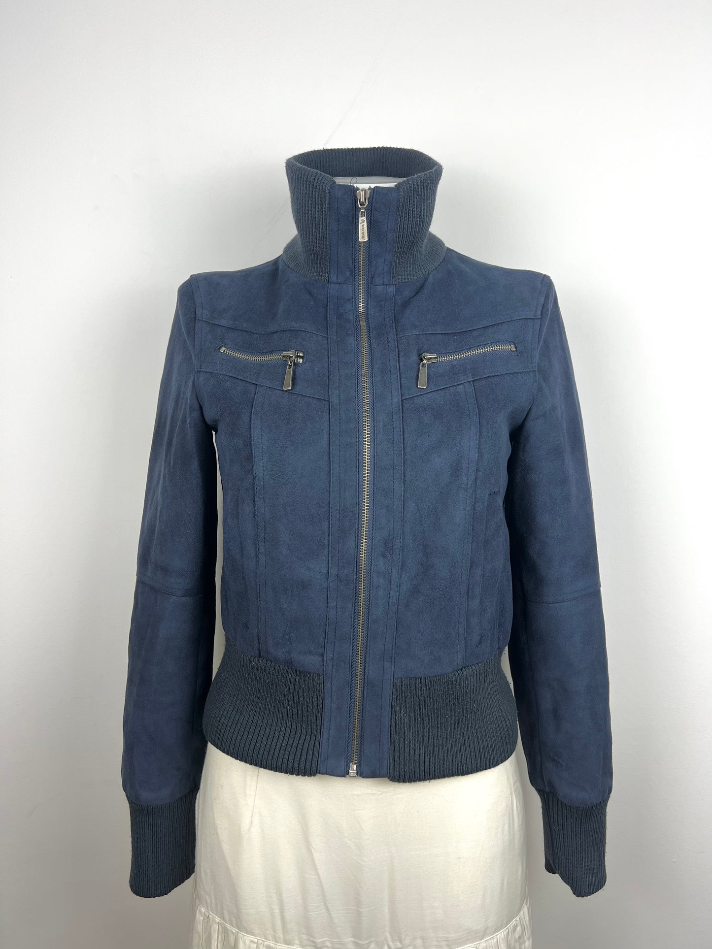 Navy Suede-Look Bomber Jacket