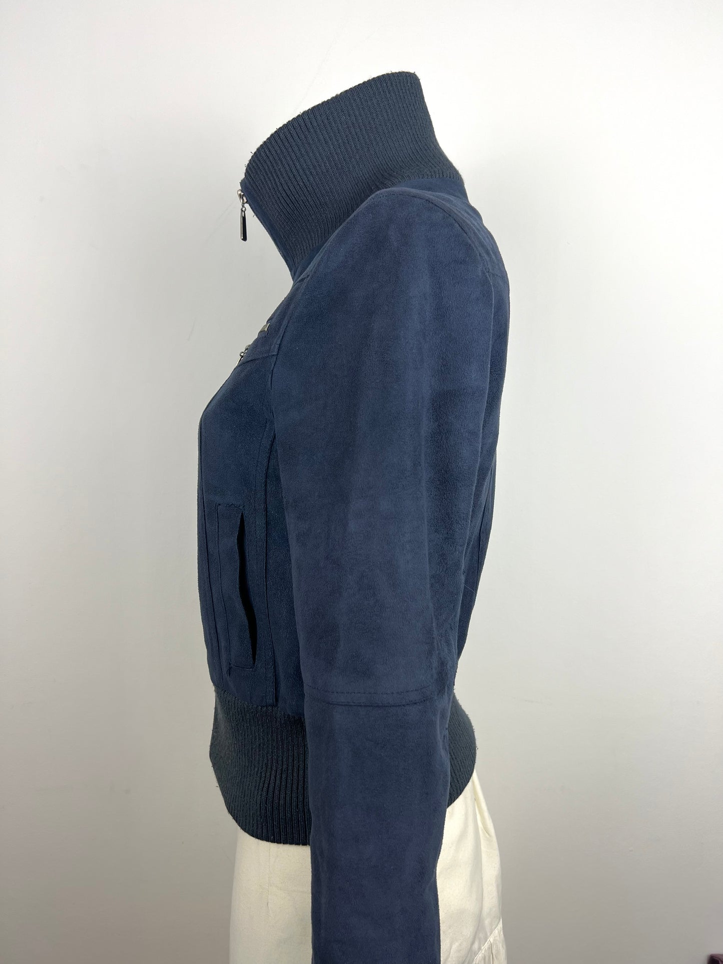 Navy Suede-Look Bomber Jacket